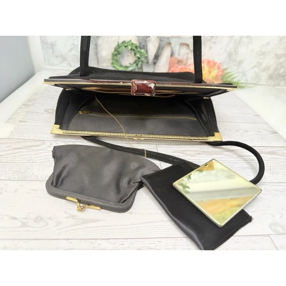 Koret Vintage Black Suede Evening Handbag W Chained Coin Purse & Mirror w Pouch